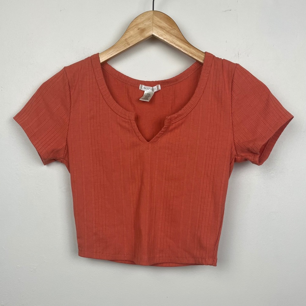 Bozzolo Crop Top Small Rust Orange Ribbed Notch Neck Retro Clean Girl HT12261